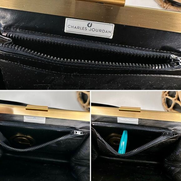 Vintage Charles Jourdan Black Suede Frame Bag Gold Hardware Clutch Leather Strap - Picture 6 of 10